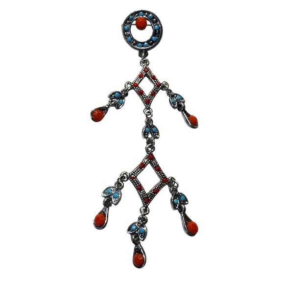 Southwestern Faux Turquoise & Coral Chandelier Brooch Silver-Tone 4 1/2" - Picture 2 of 6
